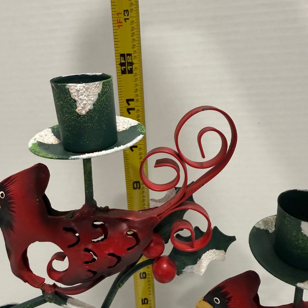 VTG Metal Cardinal Taper 3-Candle Holder Rustic Christmas Holly Bird Centerpiece - Picture 11 of 14